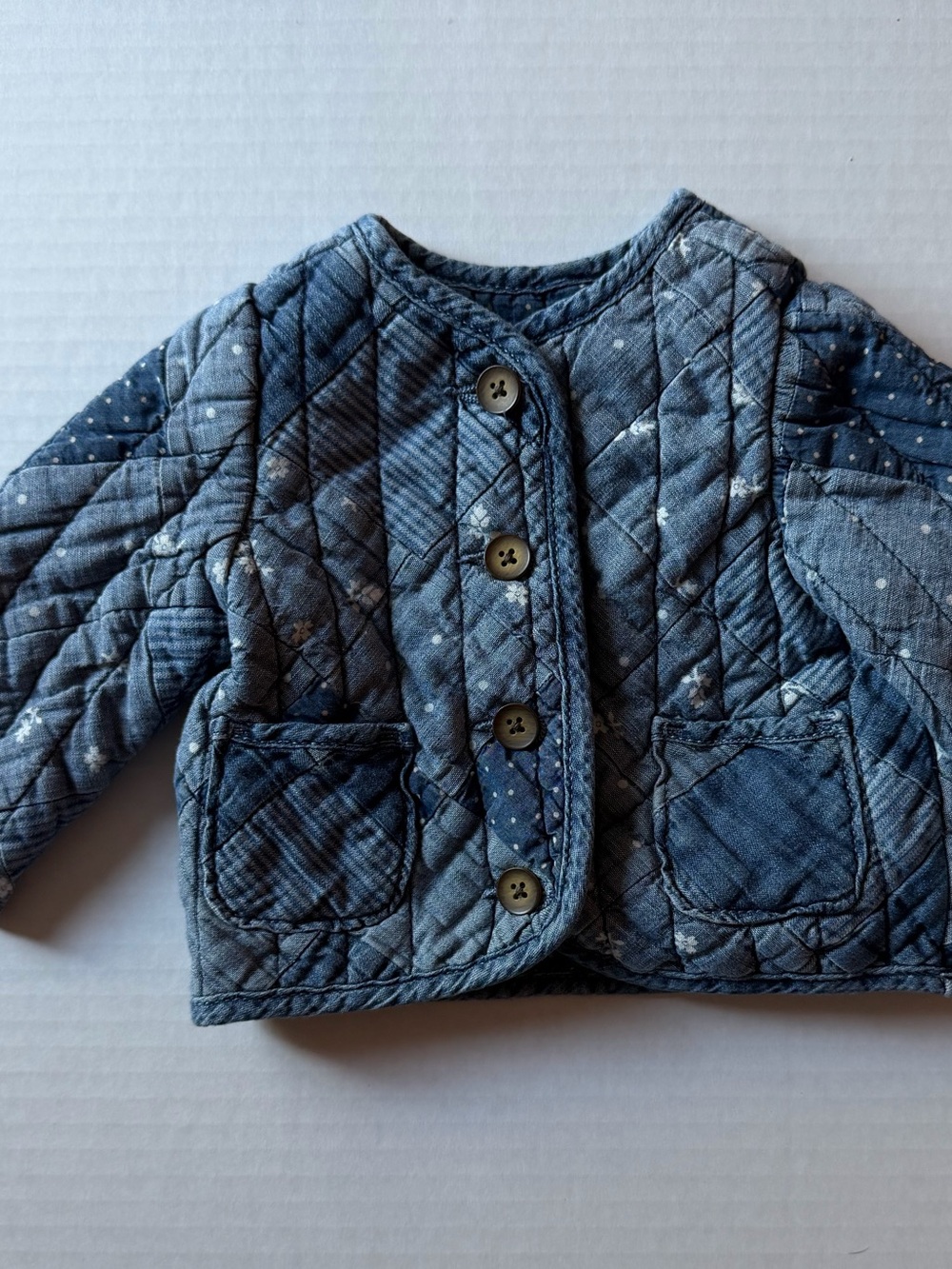 Baby Gap Denim Quilted Patchwork Jacket 0-6M Floral Polka Dot